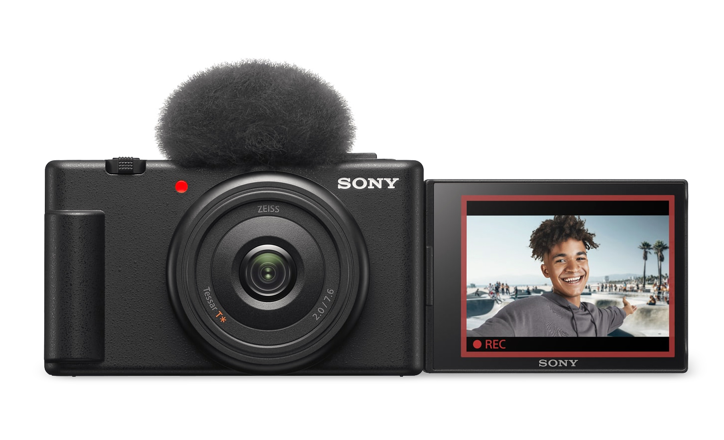 Slika fotoaparata ZV-1F sa zaštitom od vjetra i otvorenim zaslonom